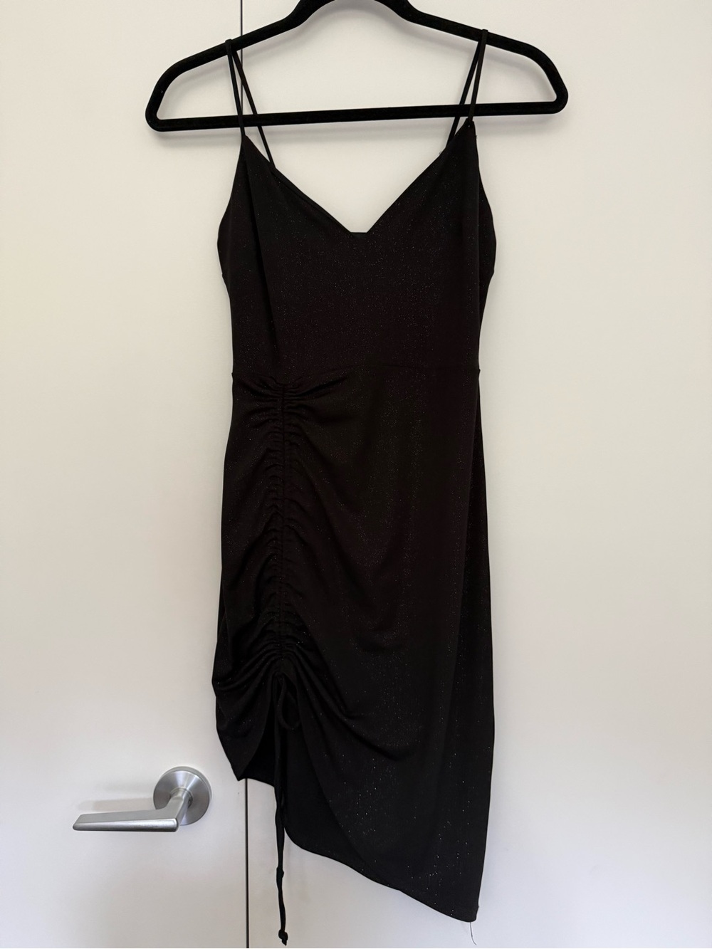 Black Sparkle Ruched Slip Dress with Spaghetti Straps